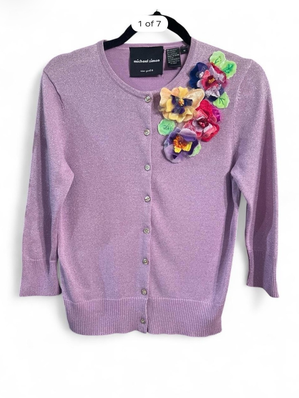 Michael Simon Lavender Shimmer Cardigan with Multi-Color Floral Appliqués